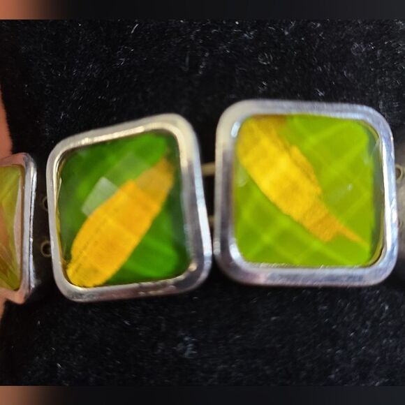 Art Deco Green and Yellow Stretch Elastic Cuff Bracelet. - Picture 2 of 3